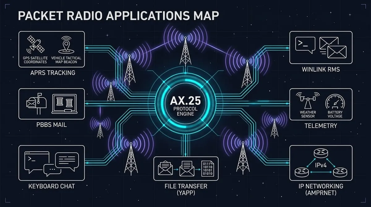 Technical vector diagram mapping amateur packet radio applications across connected and unconnected AX.25 branches including APRS, BBS, Winlink, chat, telemetry, and IP