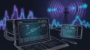 Technical vector illustration of APRS tactical digital map display with GPS tracking vectors, weather station, IGate antenna tower, and 144.390 MHz AX.25 packets