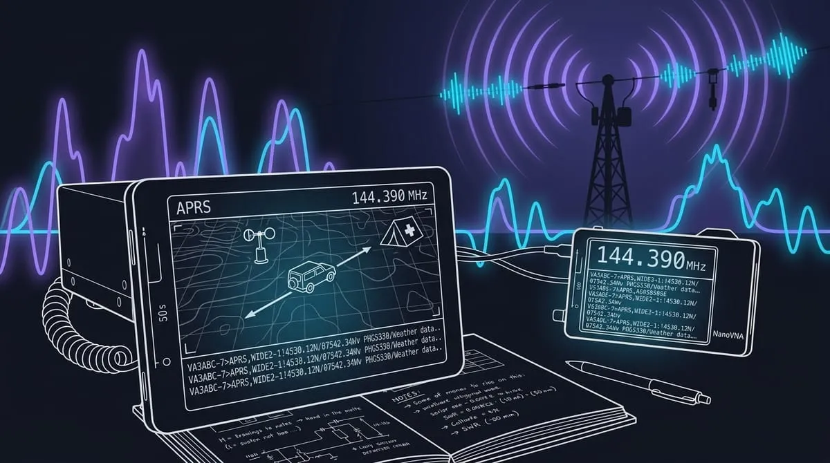 Technical vector illustration of APRS tactical digital map display with GPS tracking vectors, weather station, IGate antenna tower, and 144.390 MHz AX.25 packets